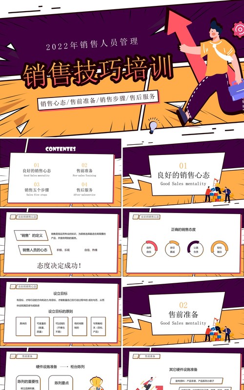紫色漫画风销售技巧培训PPT模板