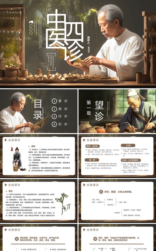 淡雅中国风传统文化中医四诊PPT模板