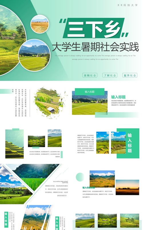 绿色简约大学生三下乡社会实践PPT模板