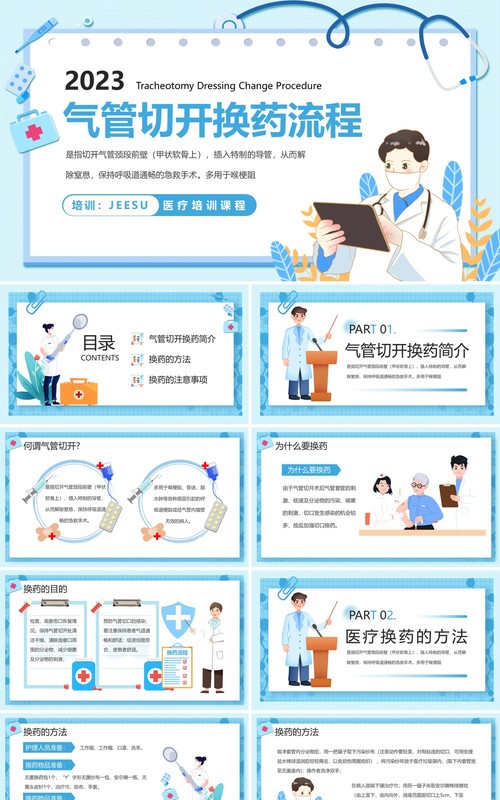 蓝色扁平化气管切开换药流程PPT模板