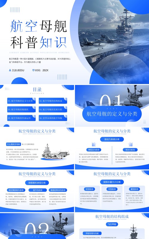 蓝色简约风航空母舰科普知识PPT模板