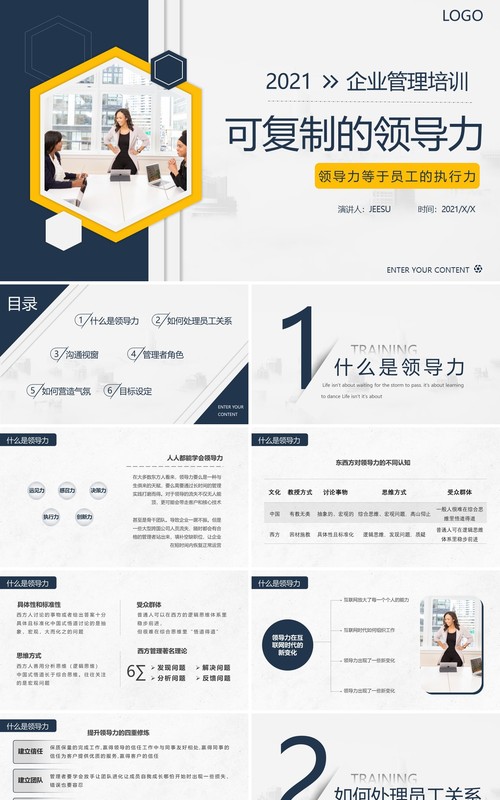 黄色简约风可复制的领导力企业教育培训通用PPT模板