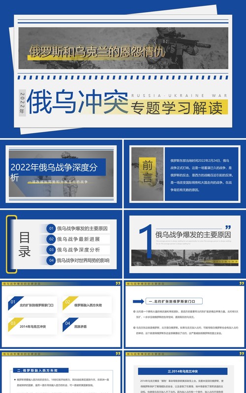 蓝色简约俄乌冲突专题学习解读PPT模板