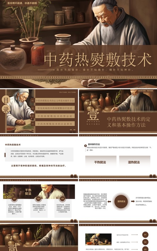 棕色插画风中药热熨敷技术PPT模板