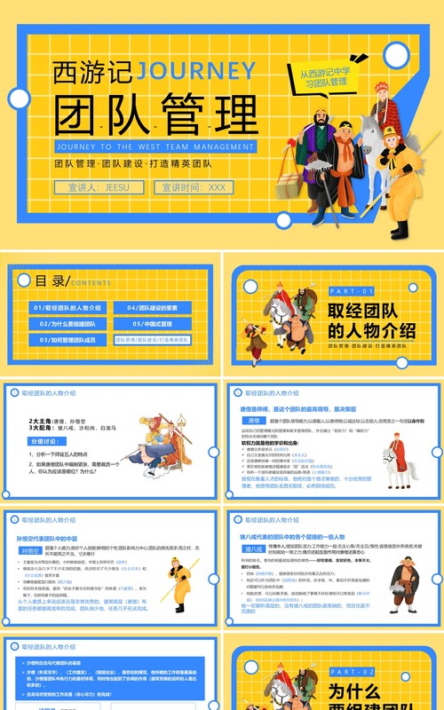 黄蓝简约风学习西游记的团队管理PPT模板