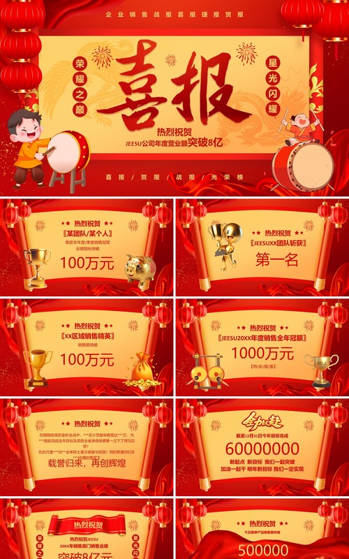 红色喜庆风企业销售战报喜报PPT模板