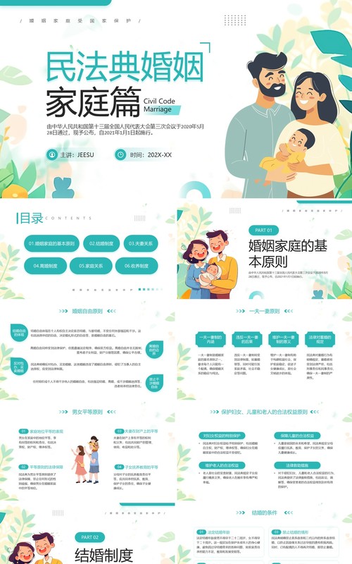 绿色清新风民法典婚姻家庭篇解读PPT模板