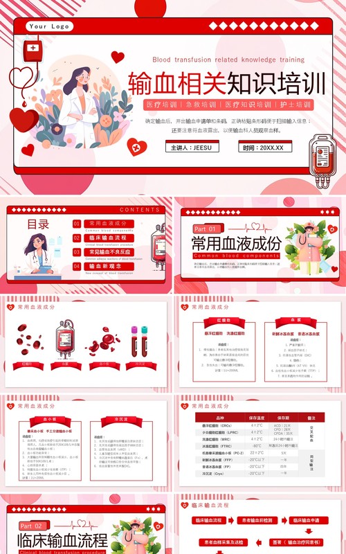 红色插画风输血相关知识培训ppt模板