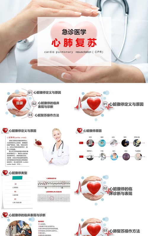 简约急诊医学心肺复苏心脏骤停操作方法知识培训PPT模板