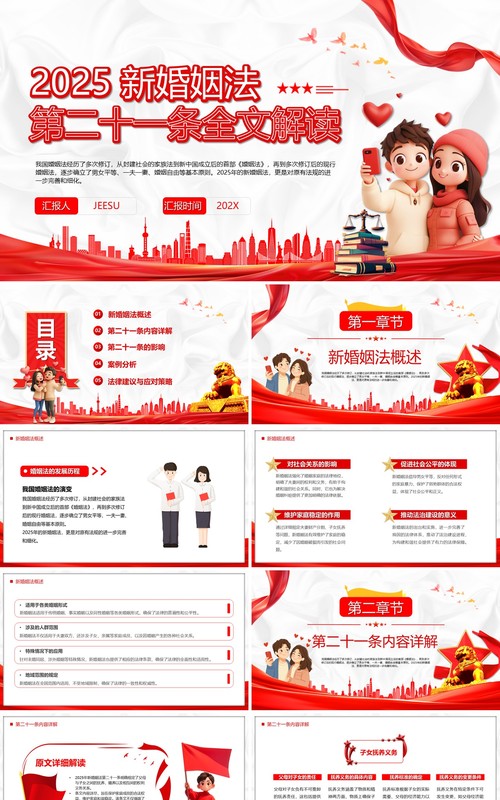 红色2025新婚姻法第二十一条全文解读PPT模板