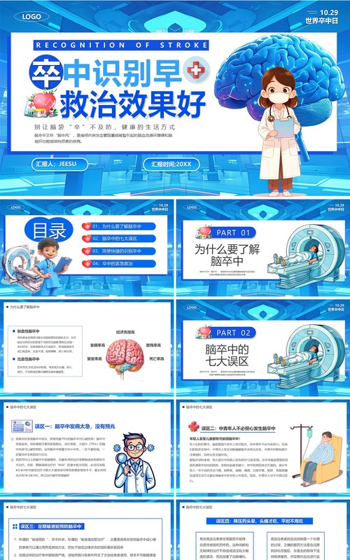 蓝色卡通风卒中识别早救治效果好PPT模板