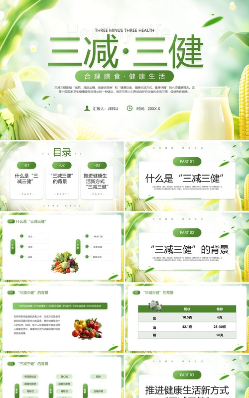 绿色清新风三减三健合理膳食健康生活PPT模板
