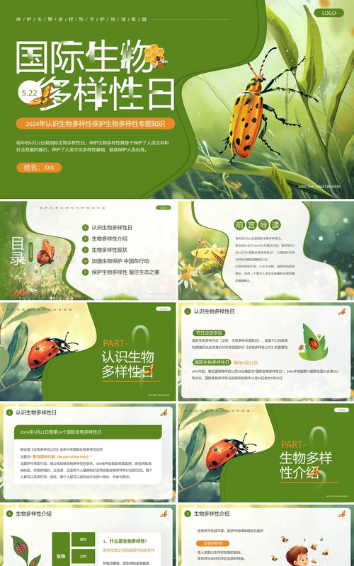 绿色插画风国际生物多样性日PPT模板