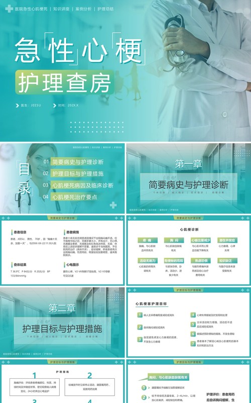 绿色渐变简约风急性心梗护理查房PPT模板