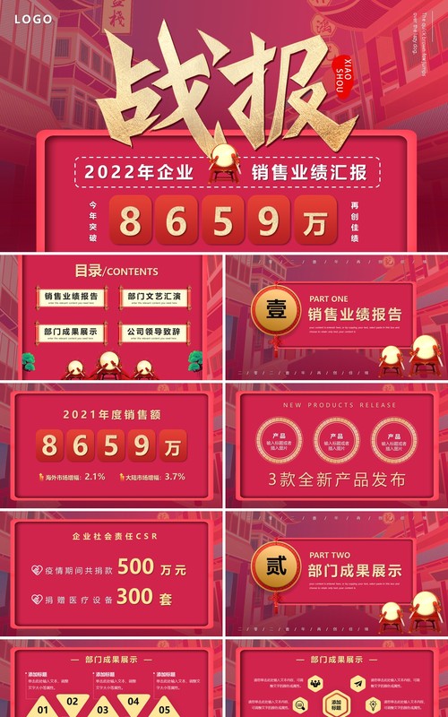 红色中国风销售战报PPT模板