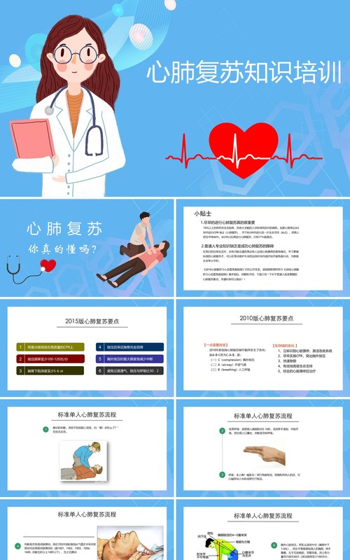 蓝色简约医疗健康心脏骤停心肺复苏急救知识培训PPT模板