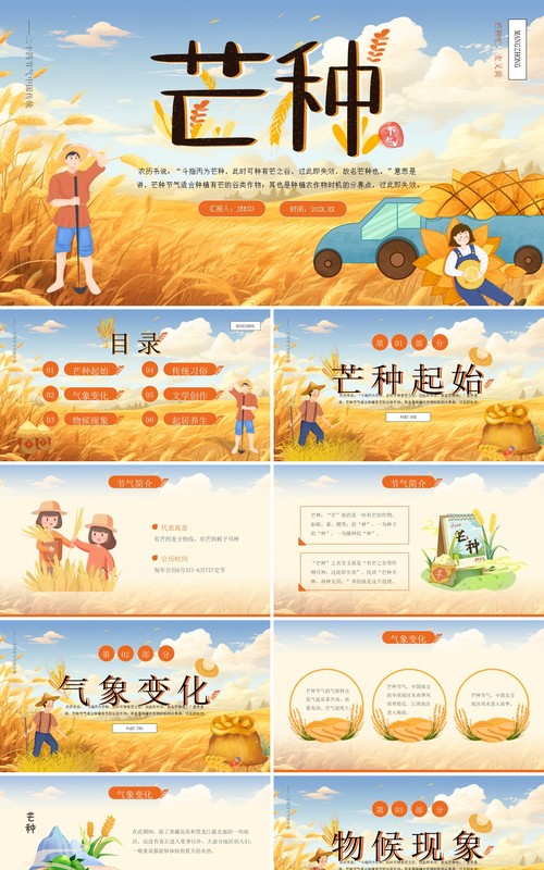 黄色插画风二十四节气之芒种PPT模板