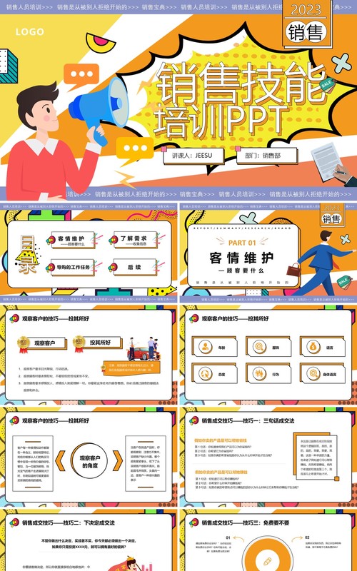 橙色孟菲斯销售人员技能培训PPT模版