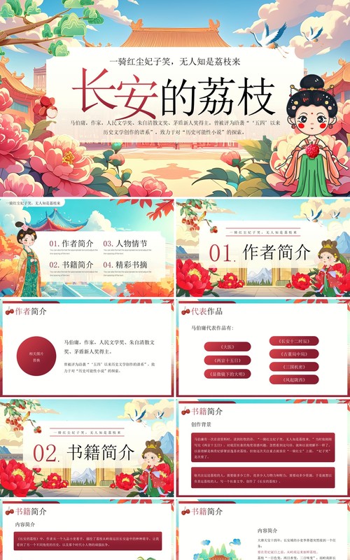 红色国潮风长安的荔枝读书分享PPT模板