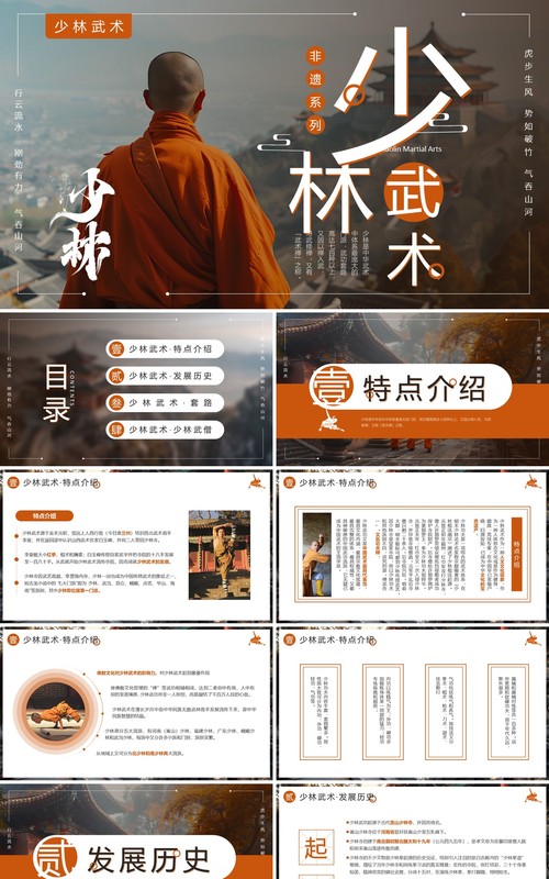 棕色简约风非遗系列之少林武术PPT模板