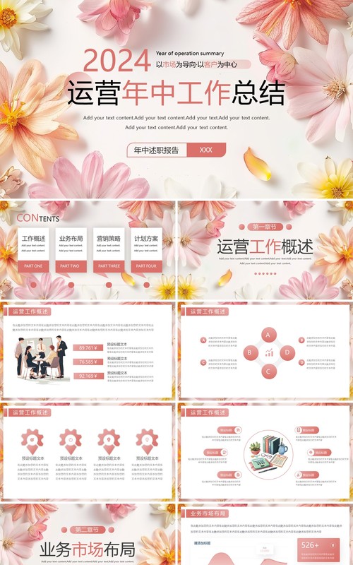 粉色小清新运营年中工作总结PPT模板