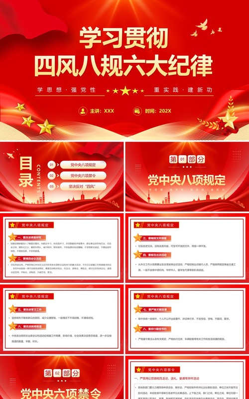 红色简约风学习贯彻四风八规六大纪律PPT模板