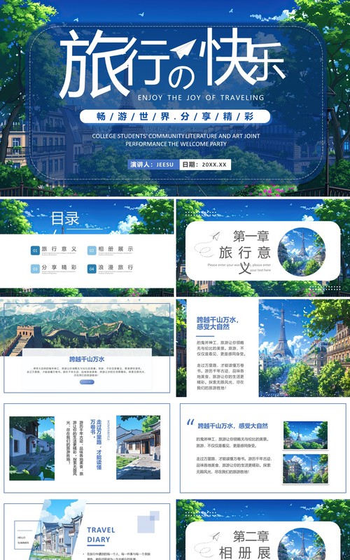 蓝色清新风旅行的意义画册图集PPT模板