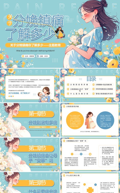 蓝色插画风孕妇分娩镇痛科普PPT模板