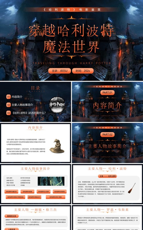 橙色卡通风穿越哈利波特魔法世界PPT模板