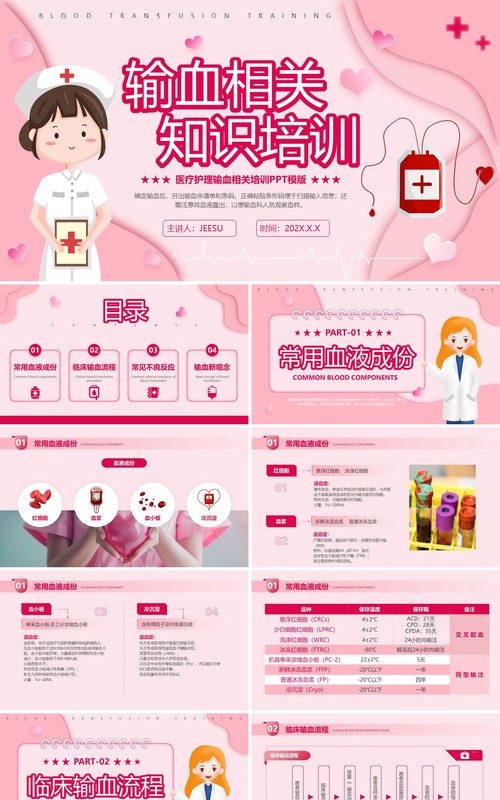 粉色扁平化输血相关知识培训PPT模板