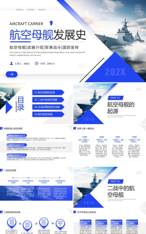蓝色商务风航空母舰发展史介绍PPT模板