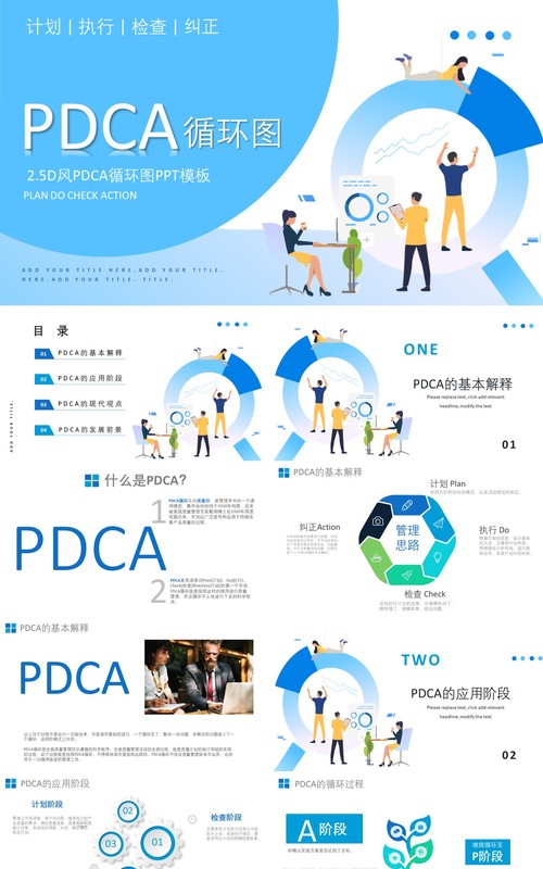 卡通PDCA循环图介绍PPT模板