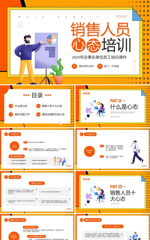 橙色孟菲斯销售人员心态培训PPT模板