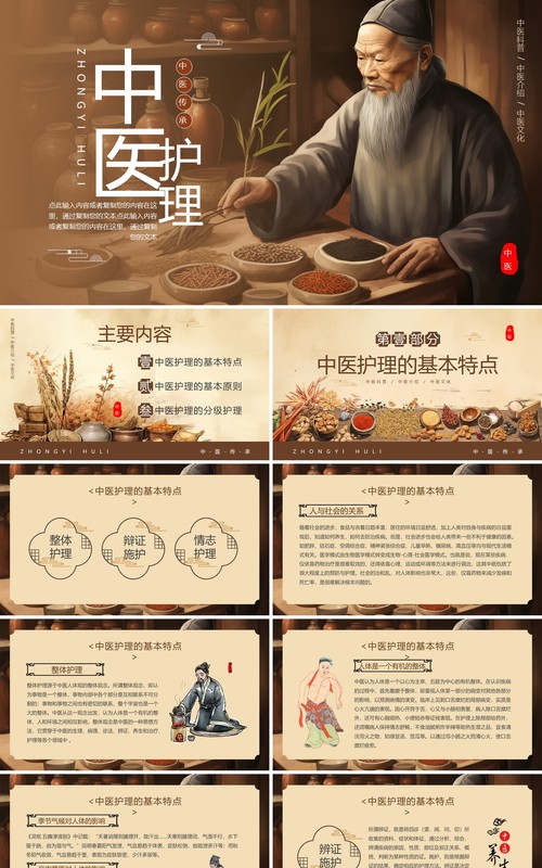 棕色简约中国风中医护理PPT模板