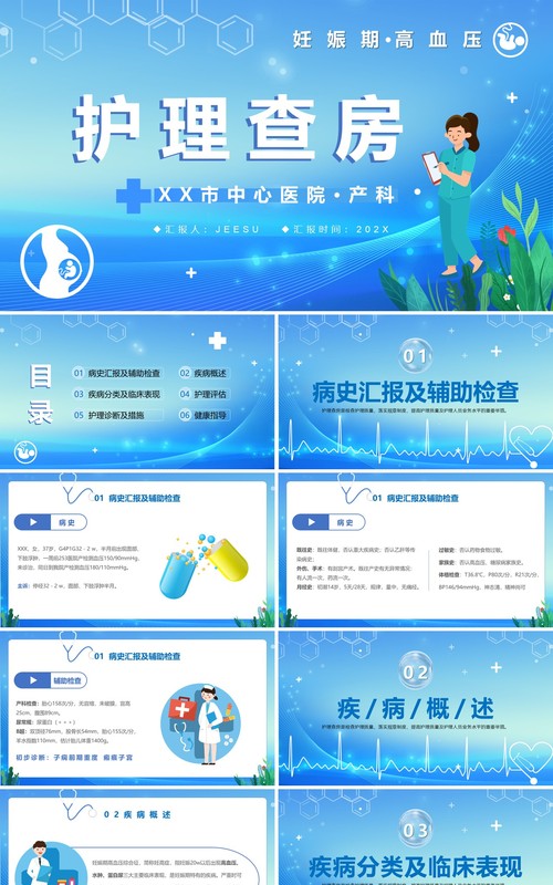 蓝色卡通风妊娠期高血压护理查房PPT模板