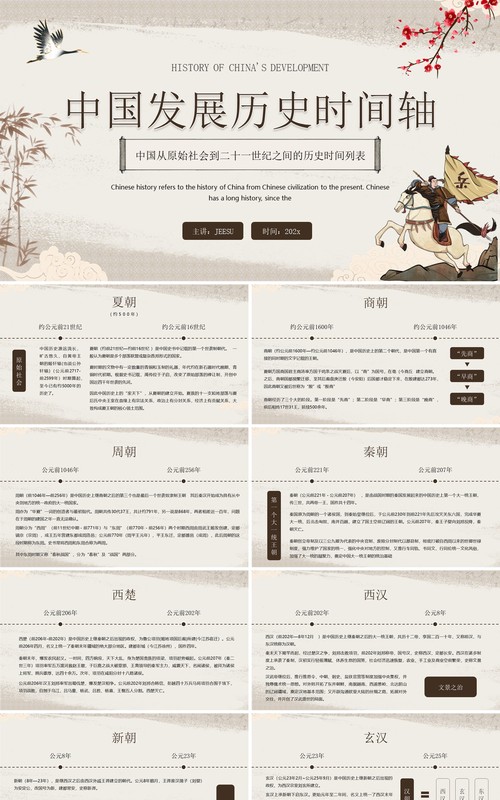 棕色中国风中国发展历史时间轴PPT模板