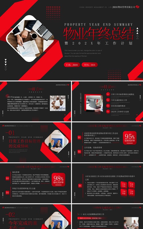 黑红商务风物业年终总结工作报告PPT模板