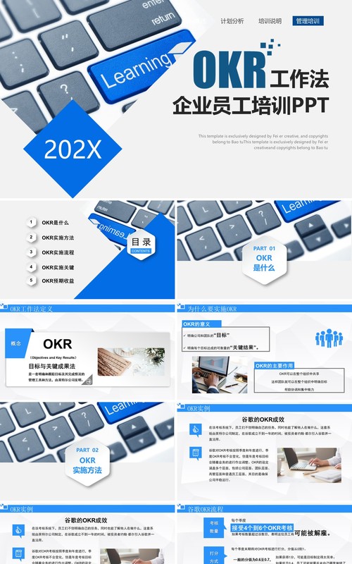 蓝色简约企业员工管理培训OKR工作法PPT模板