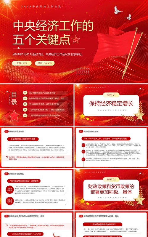 红色简约风中央经济工作五个关键点PPT模板