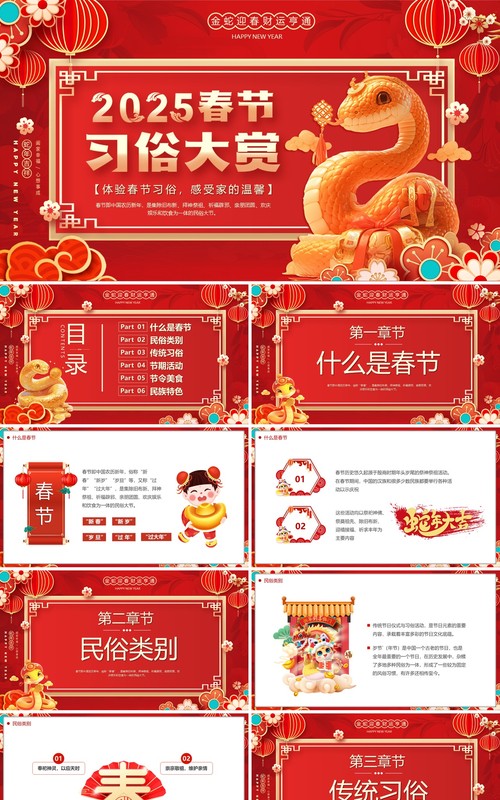 红色中国风2025春节习俗大赏PPT模版