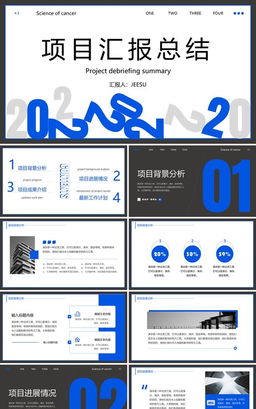 蓝灰色简约风项目汇报总结PPT通用模板