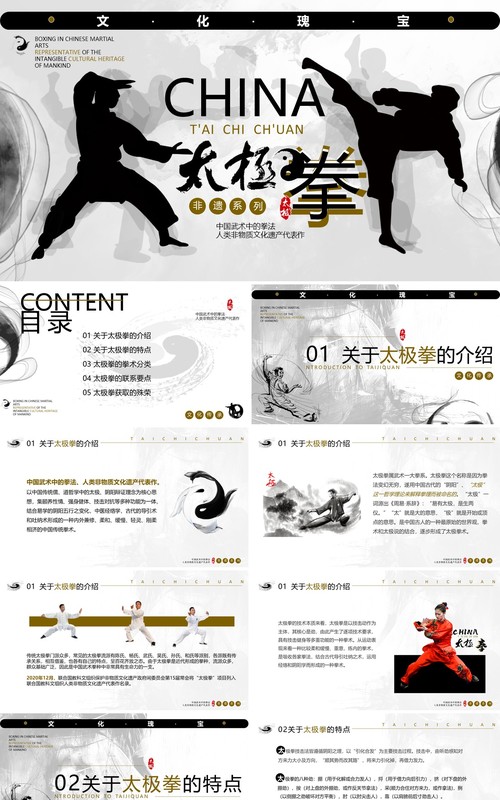 黑白简约风非遗系列之太极拳文化介绍PPT模板