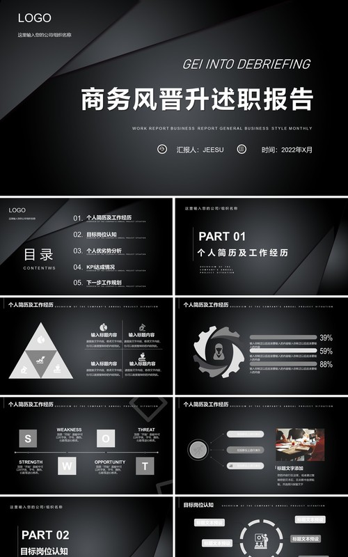 黑色商务2022晋身述职报告通用PPT模板