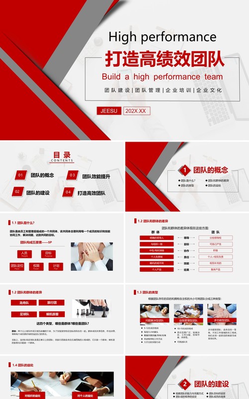 红色简约打造高绩效团队企业培训PPT模板