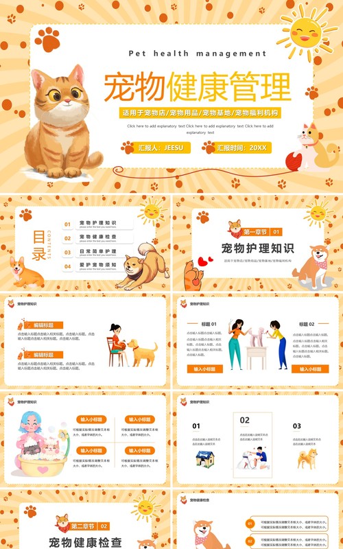 黄色卡通风宠物健康管理PPT通用模板
