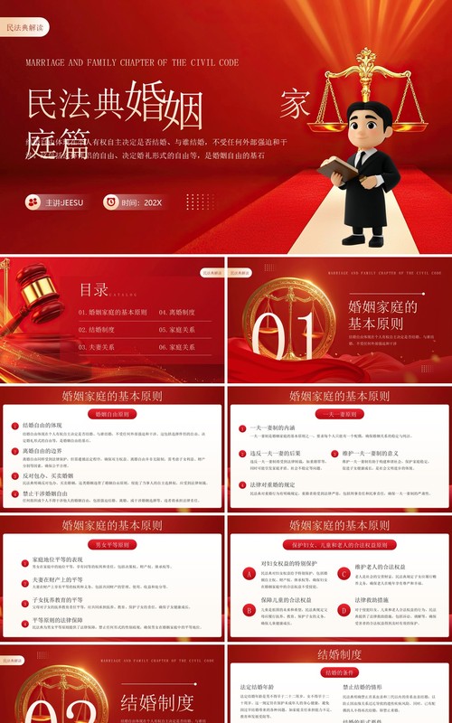 红色简约风民法典婚姻家庭篇分析解读PPT模板