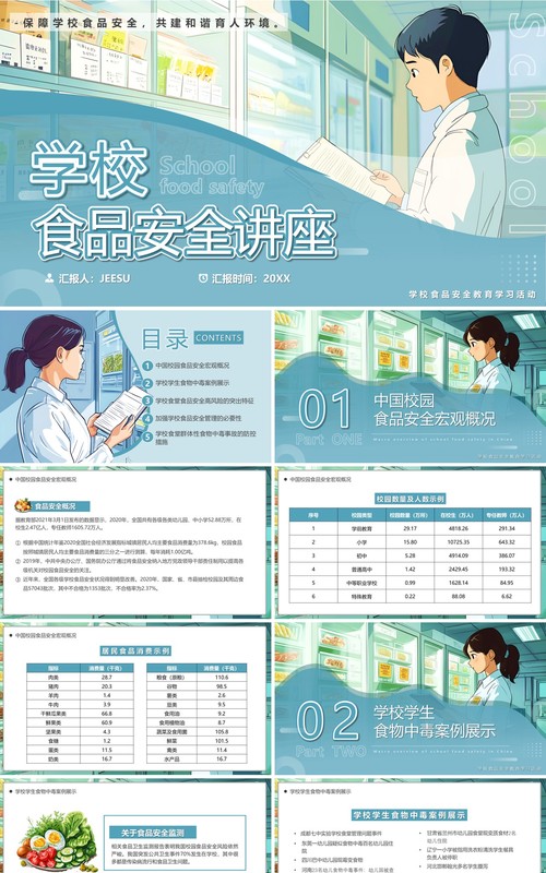 蓝色插画风学校食品安全讲座PPT模板