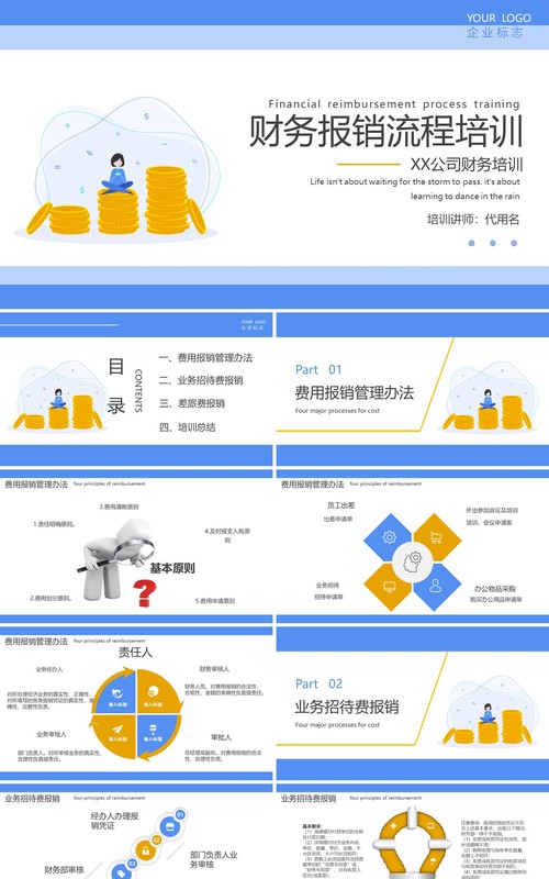 蓝色简约财务报销流程培训课件PPT模板