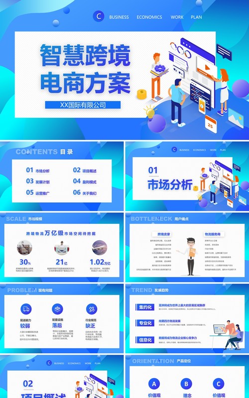 蓝色渐变扁平化商务风智慧跨境电商方案策划PPT模板