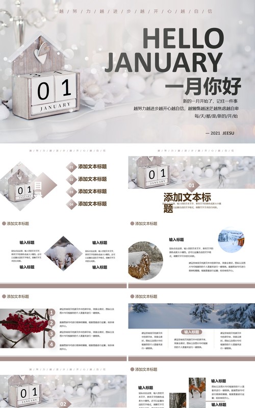 简约小清新一月你好工作汇报总结计划通用PPT模板